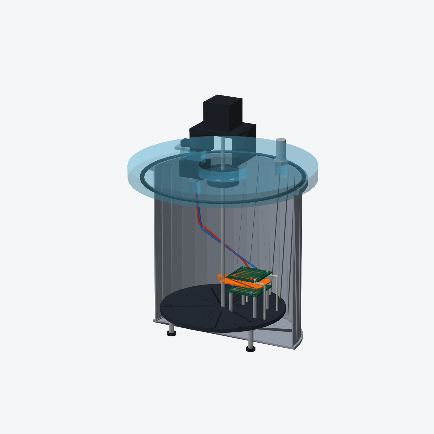 CAD cutaway of the proposed thermal-vacuum chamber showing the internal deck, heater boards, shutter and coupling