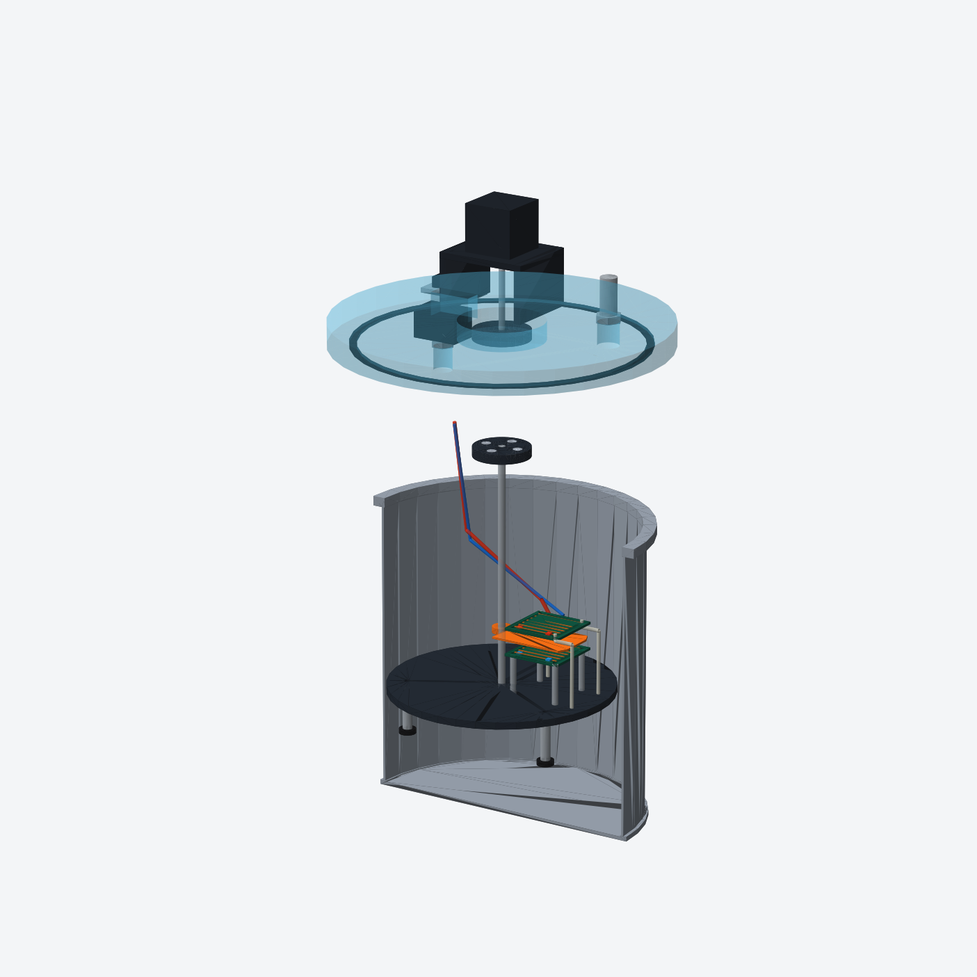 Exploded CAD render showing the lid, vessel, shutter, deck and internal test hardware