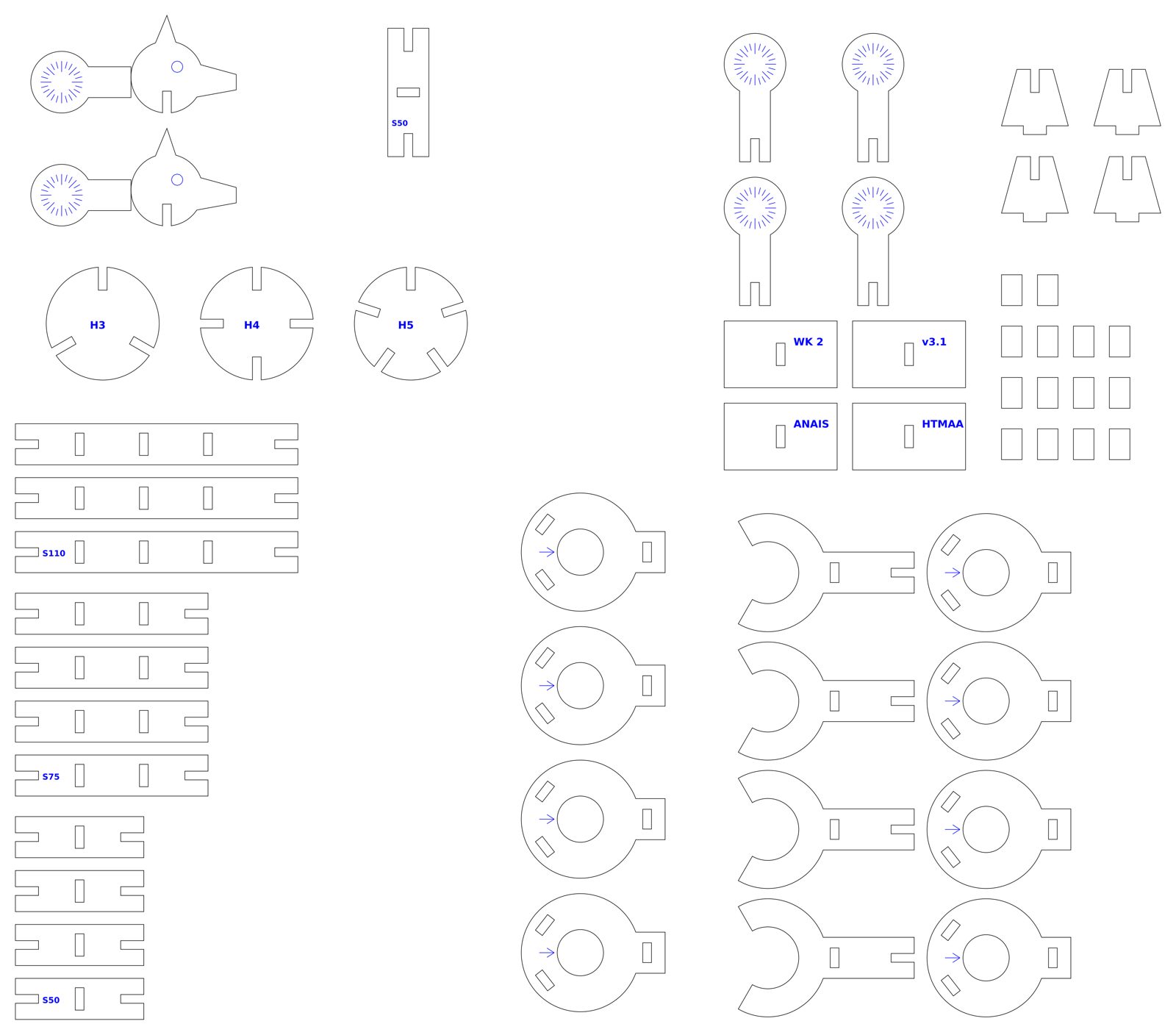 The full kit v3.1 cut sheet with bars, cookies, clevis plates, cheeks, pins, lollipops, heads and feet laid out