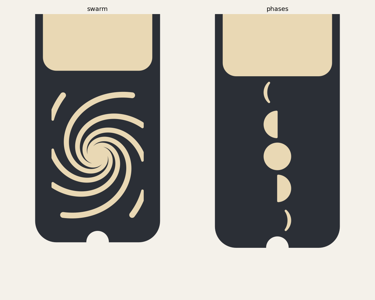Four phone case back patterns: swarm spiral, moon phases, ripple, contour