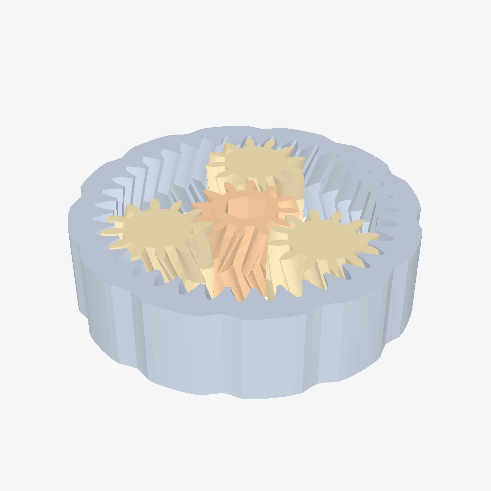 Isometric render of the herringbone planetary gearbox
