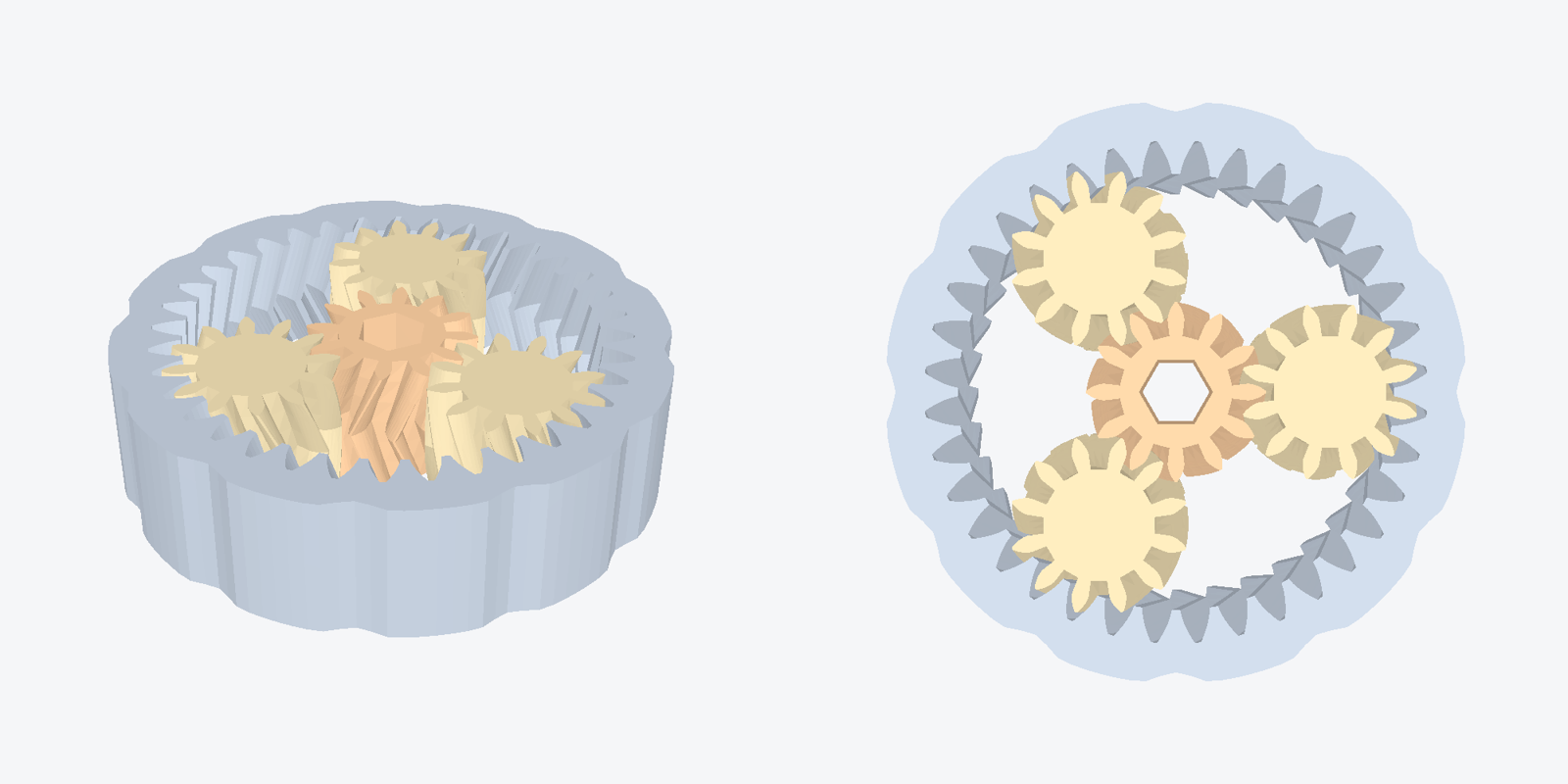 Rendered planetary gearbox, isometric and top view, with sun, three planets and ring gear in different colours