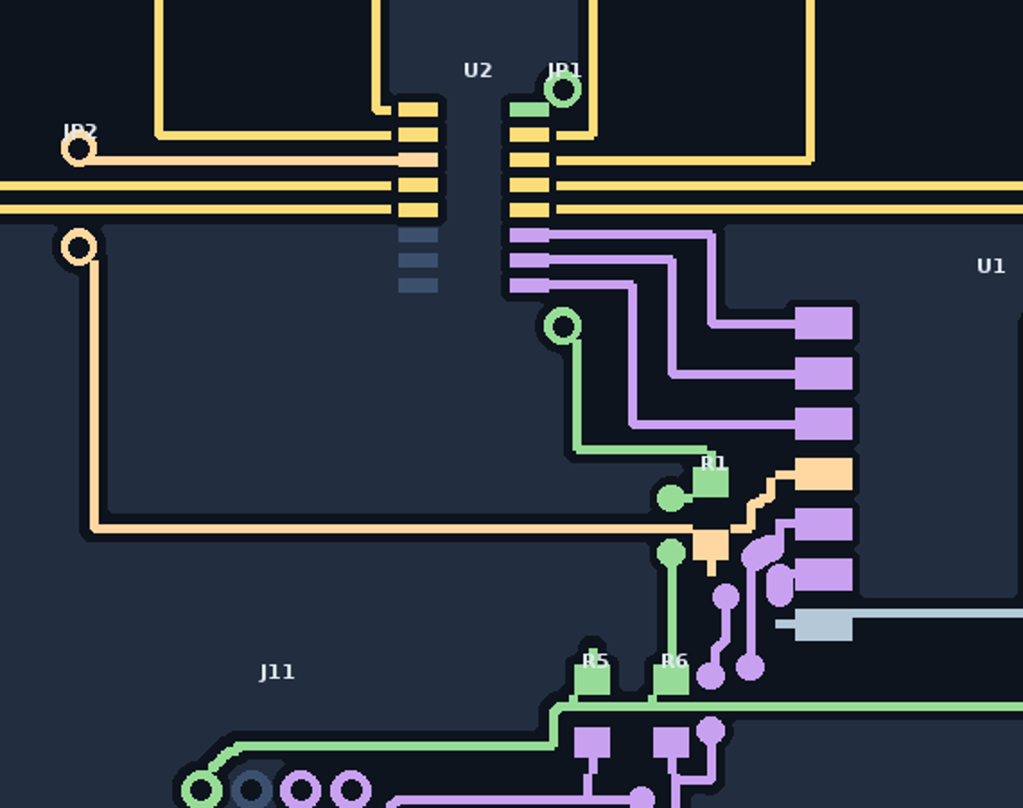 Eight ID traces routing into the multiplexer without crossing