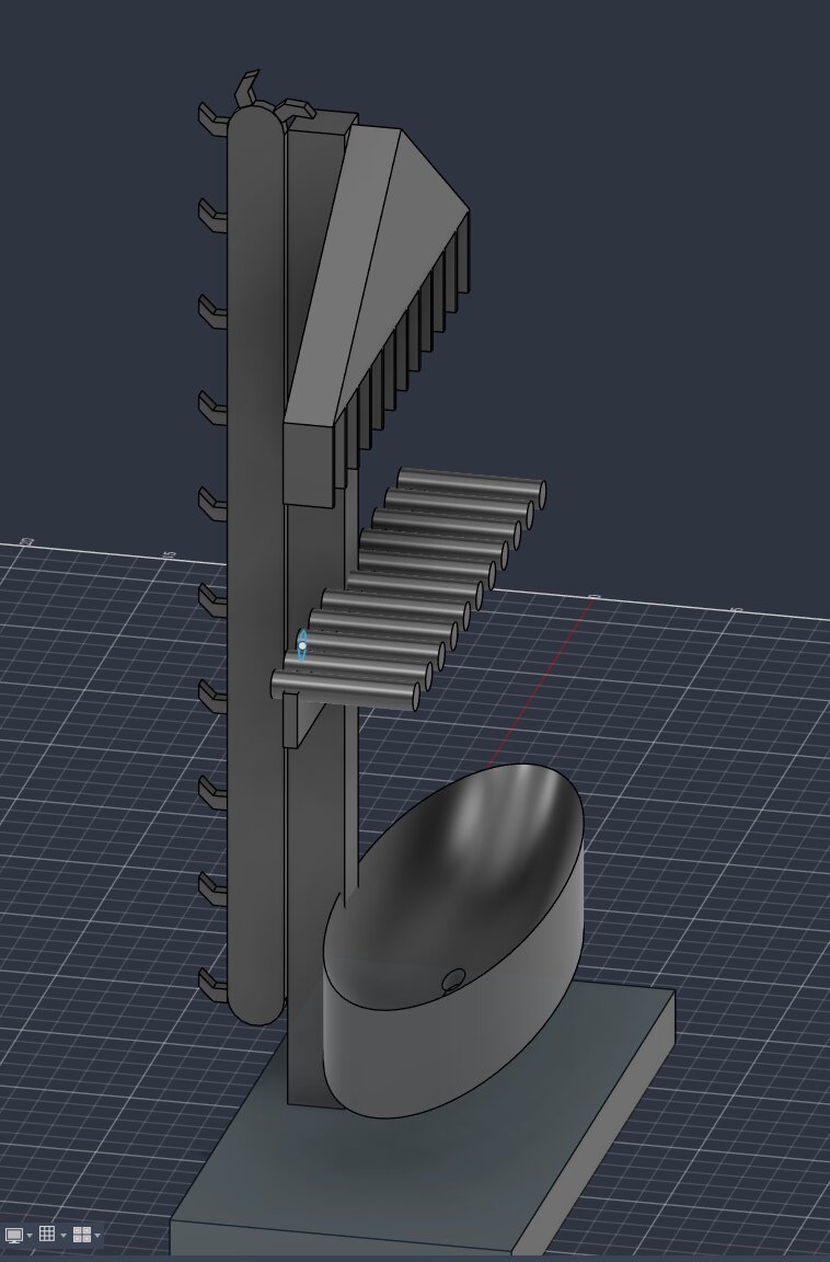 Full CAD view of the assembled machine showing the lift arms running up the column, the angled chute, the pipes, and the bowl on the base