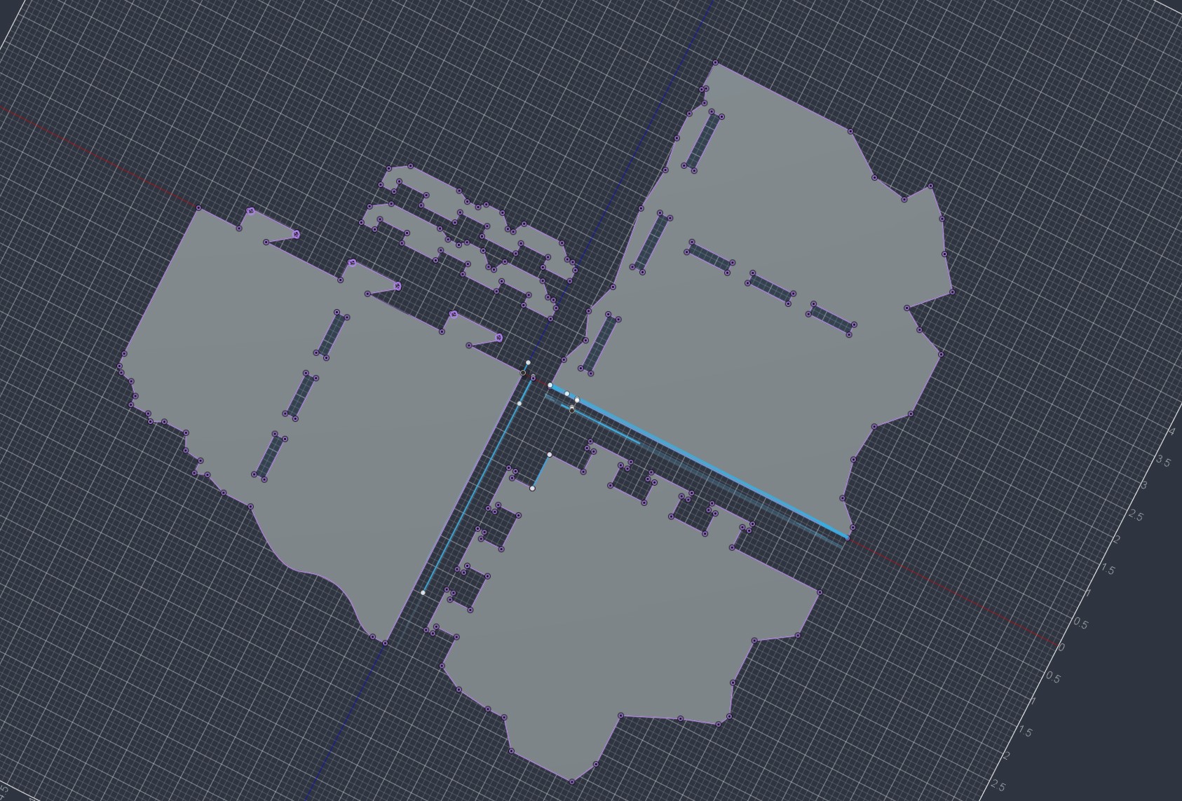 Flat layout of three terrain panels with press-fit slots cut into their edges