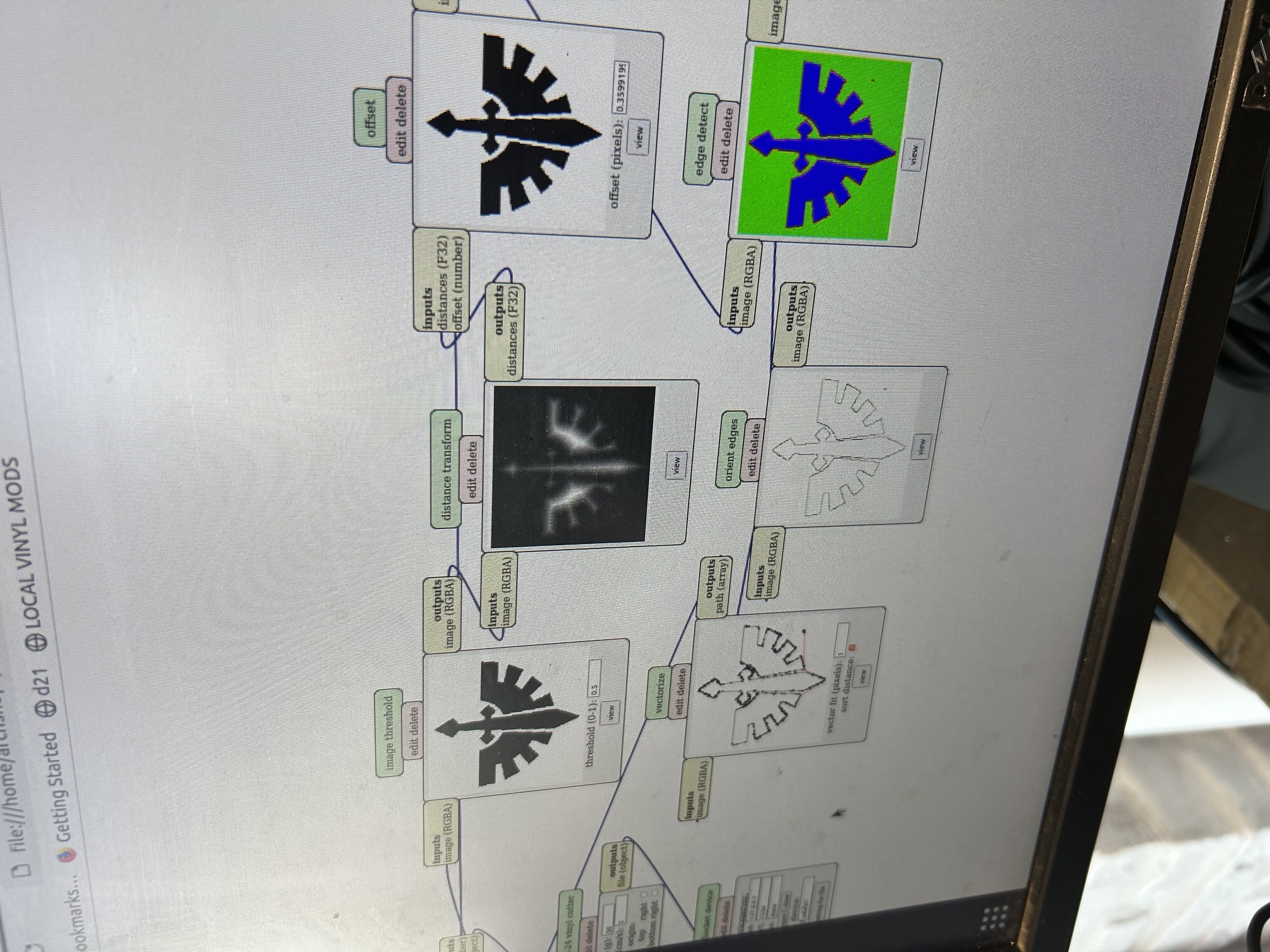 The mods node editor showing the design being thresholded, distance transformed, offset, and vectorized for the vinyl cutter