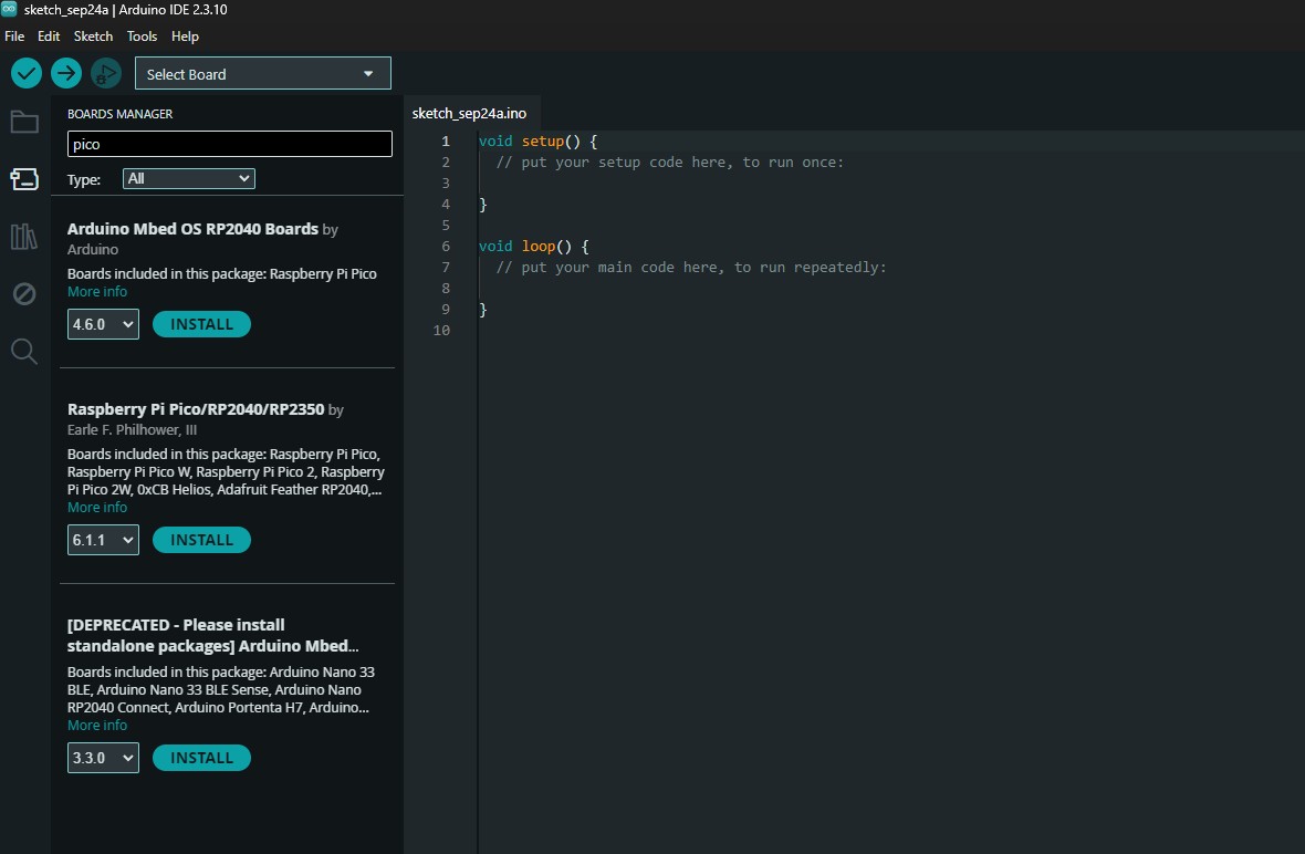 Arduino Boards Manager search for pico