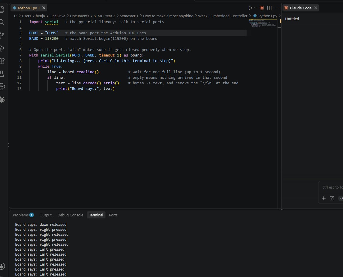 Terminal showing button messages from the board