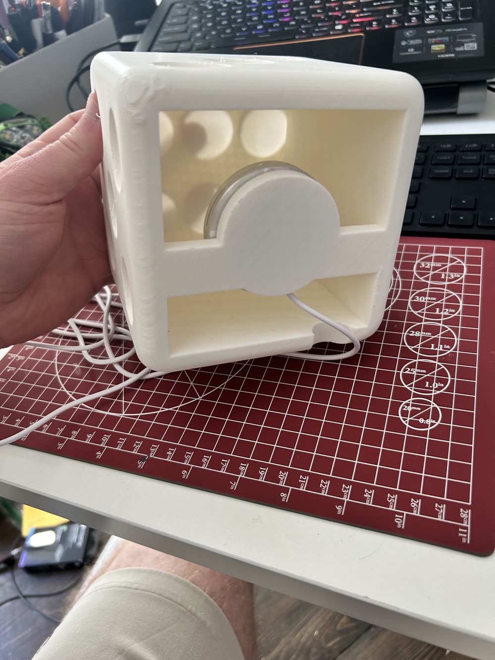 Bottom of the printed dice with the light installed