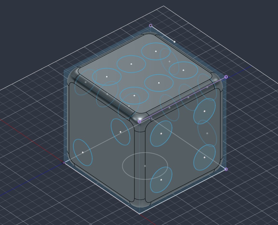 Cube with filleted edges and pip sketches