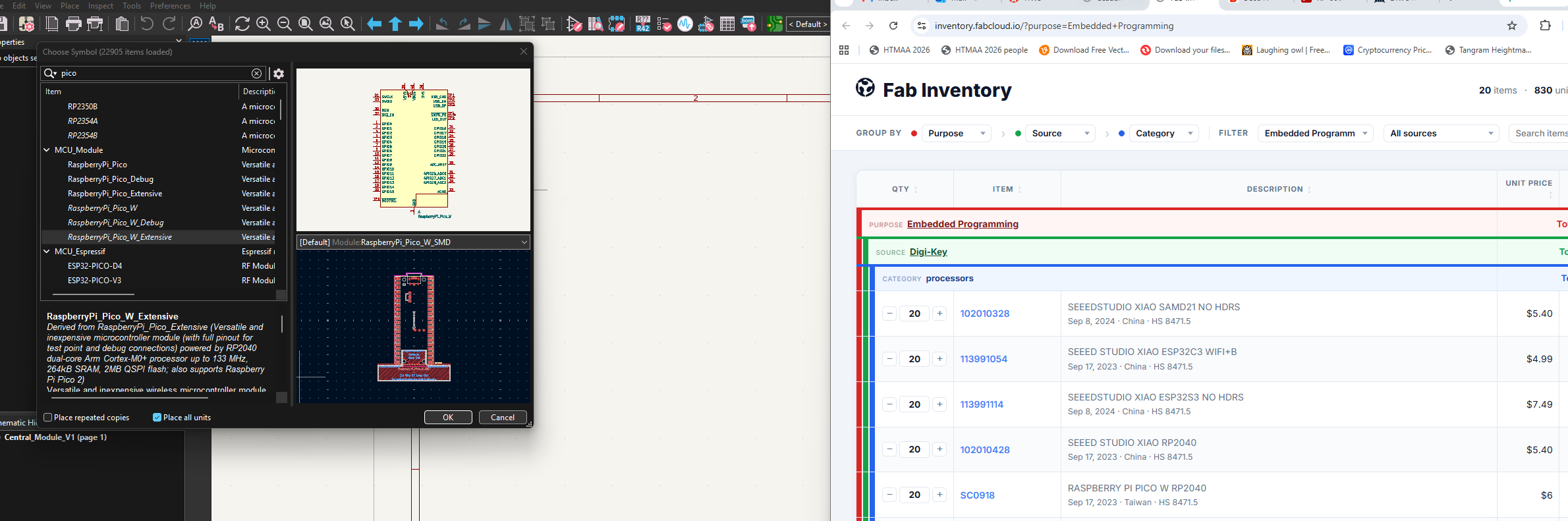 KiCad symbol search for the Pico next to the Fab inventory