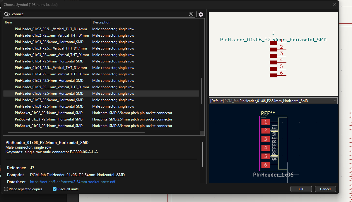 KiCad symbol chooser with a 6-pin header selected