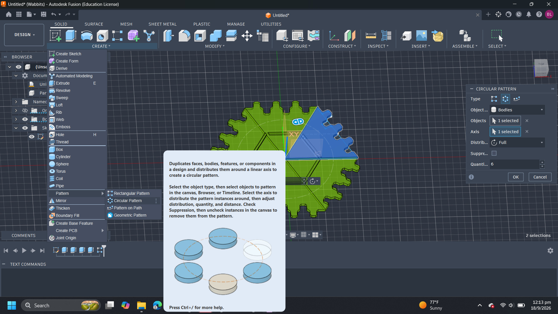 Using Pattern -> Circular Pattern to complete the hexagon tile