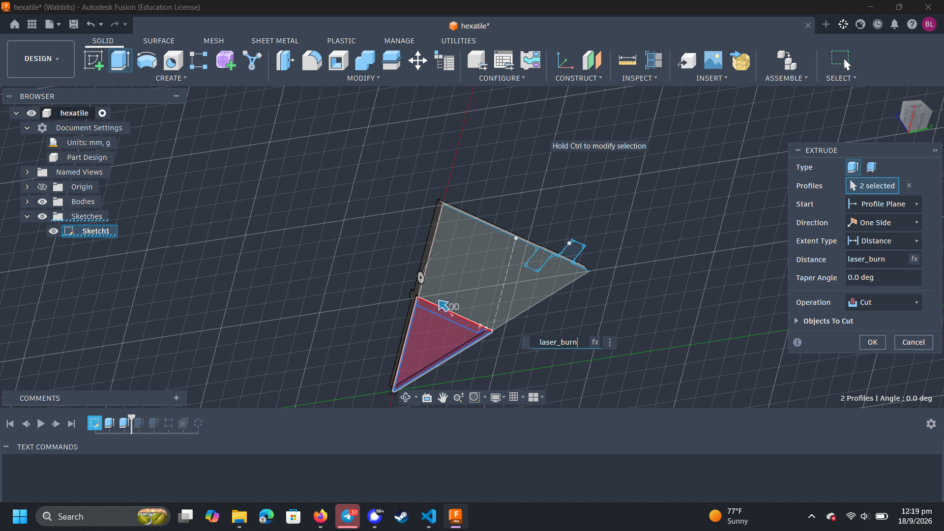 Cutting out the bottom hexagon
