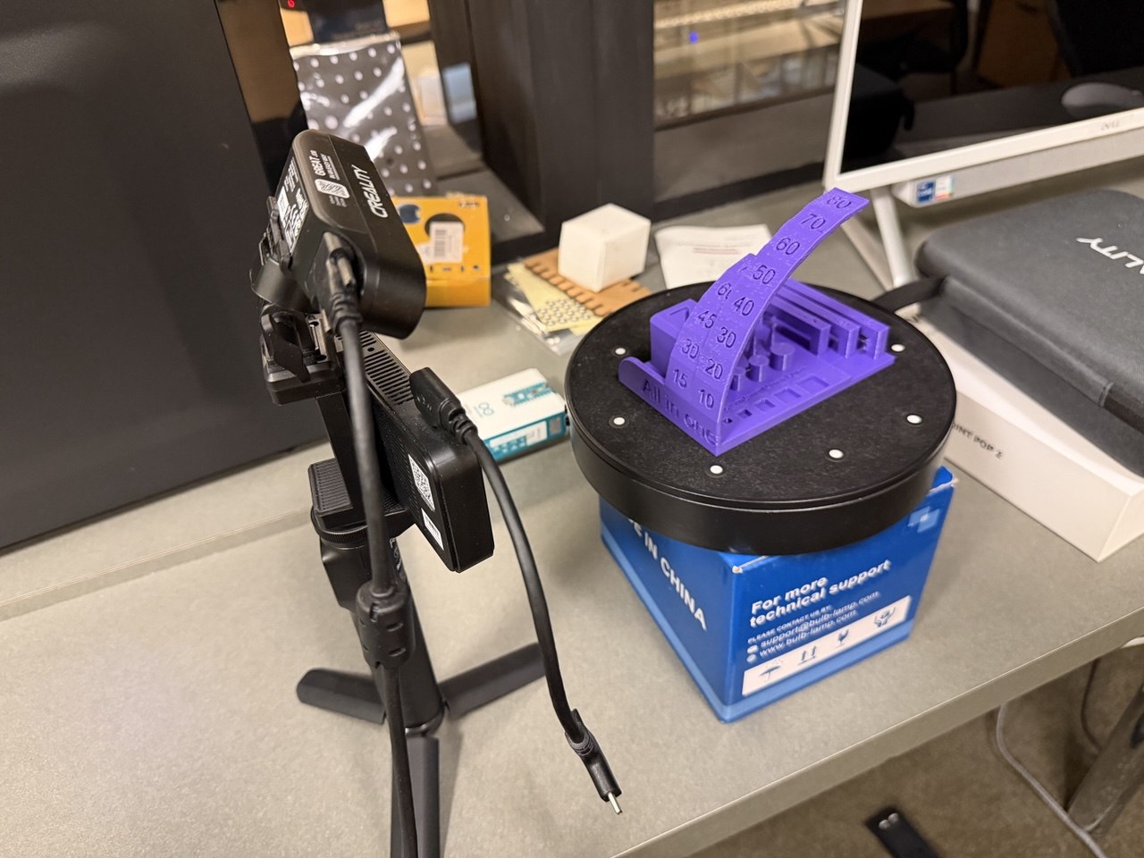 Makeshift scanner setup, lifting the turntable in order to lower the viewing angle