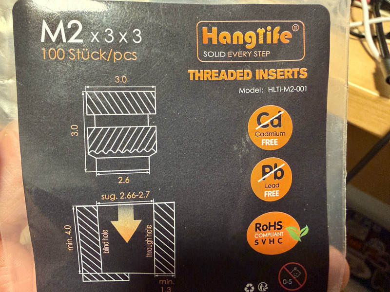 Packaging for the M2 Heatset insert. Suggested diameter is about 2.7mm and minimum depth is 4mm.