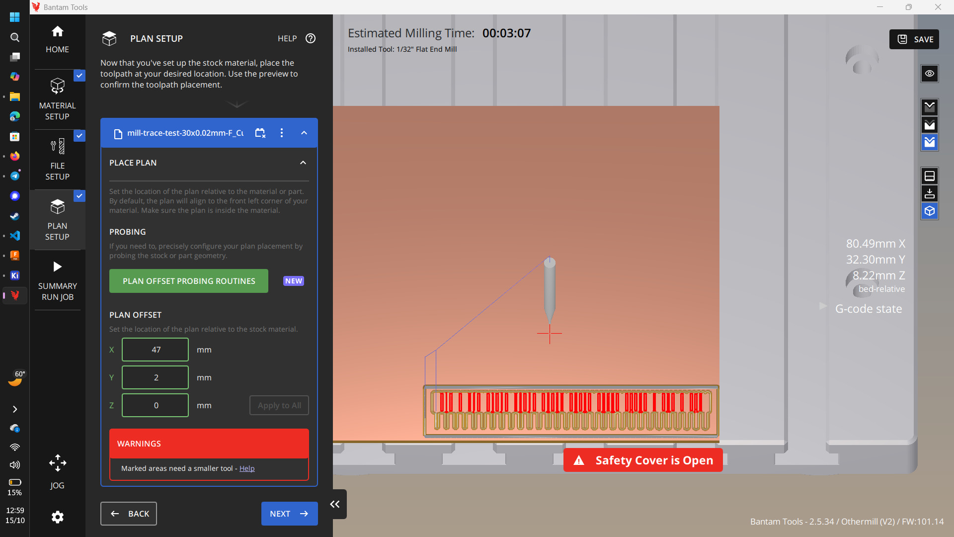 Setting the offset to X = 47mm, Y = 2mm