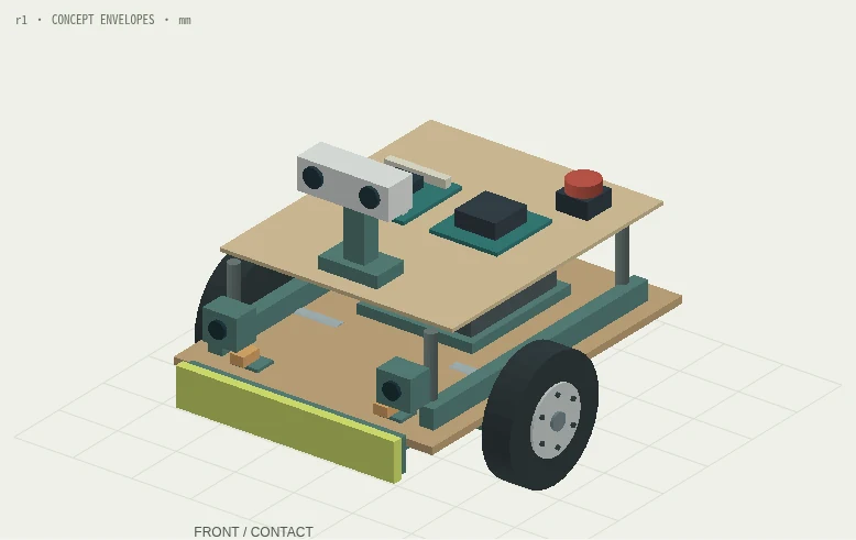 Concept model of a two-wheel mobile robot with layered chassis, low battery, sensor mast and front bumper