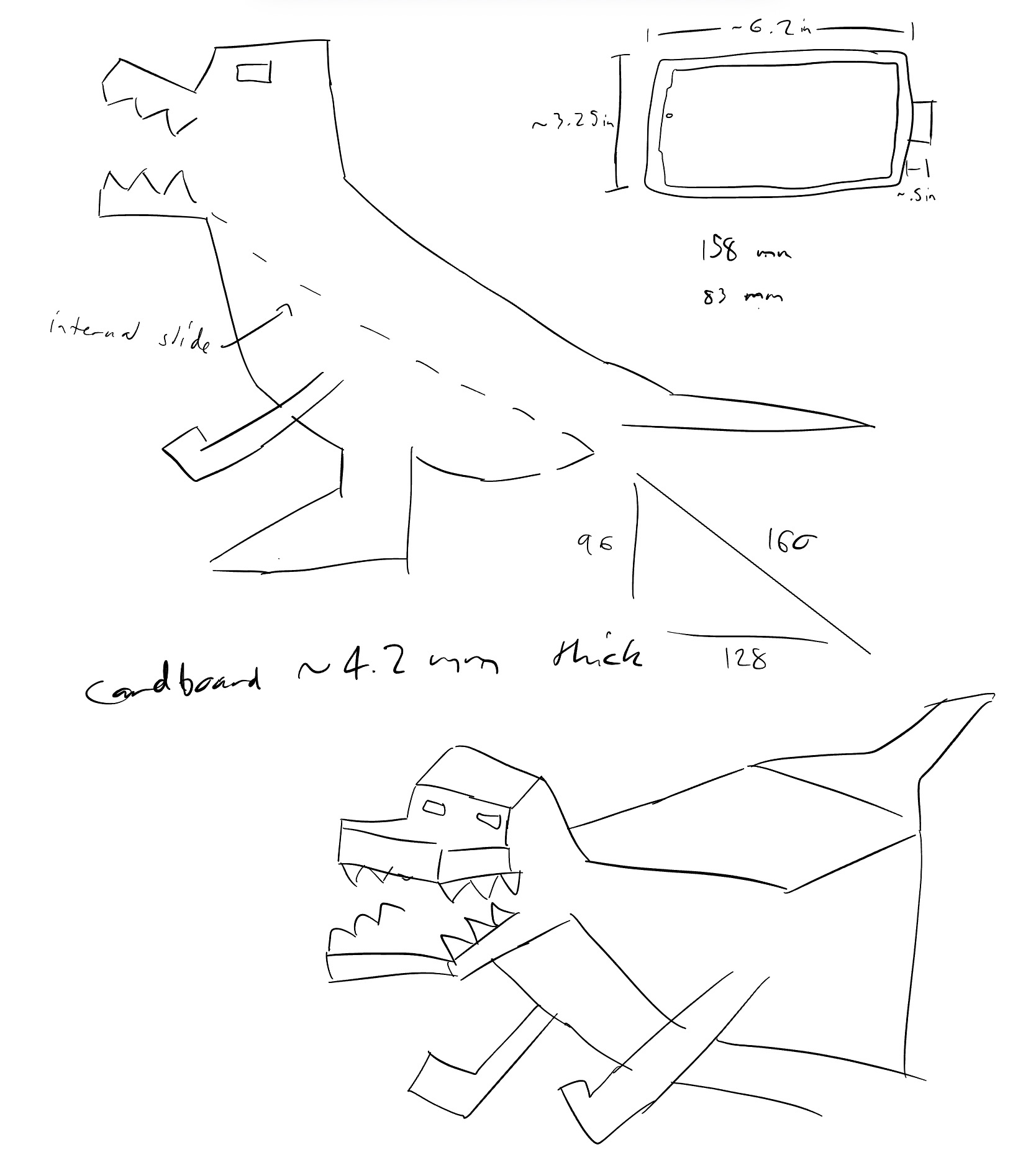 handsketch of dino with some features and dimensions