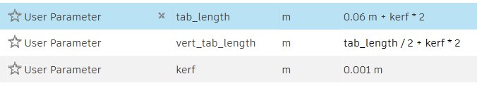 Kerf and thickness parameters in the Fusion parameter table