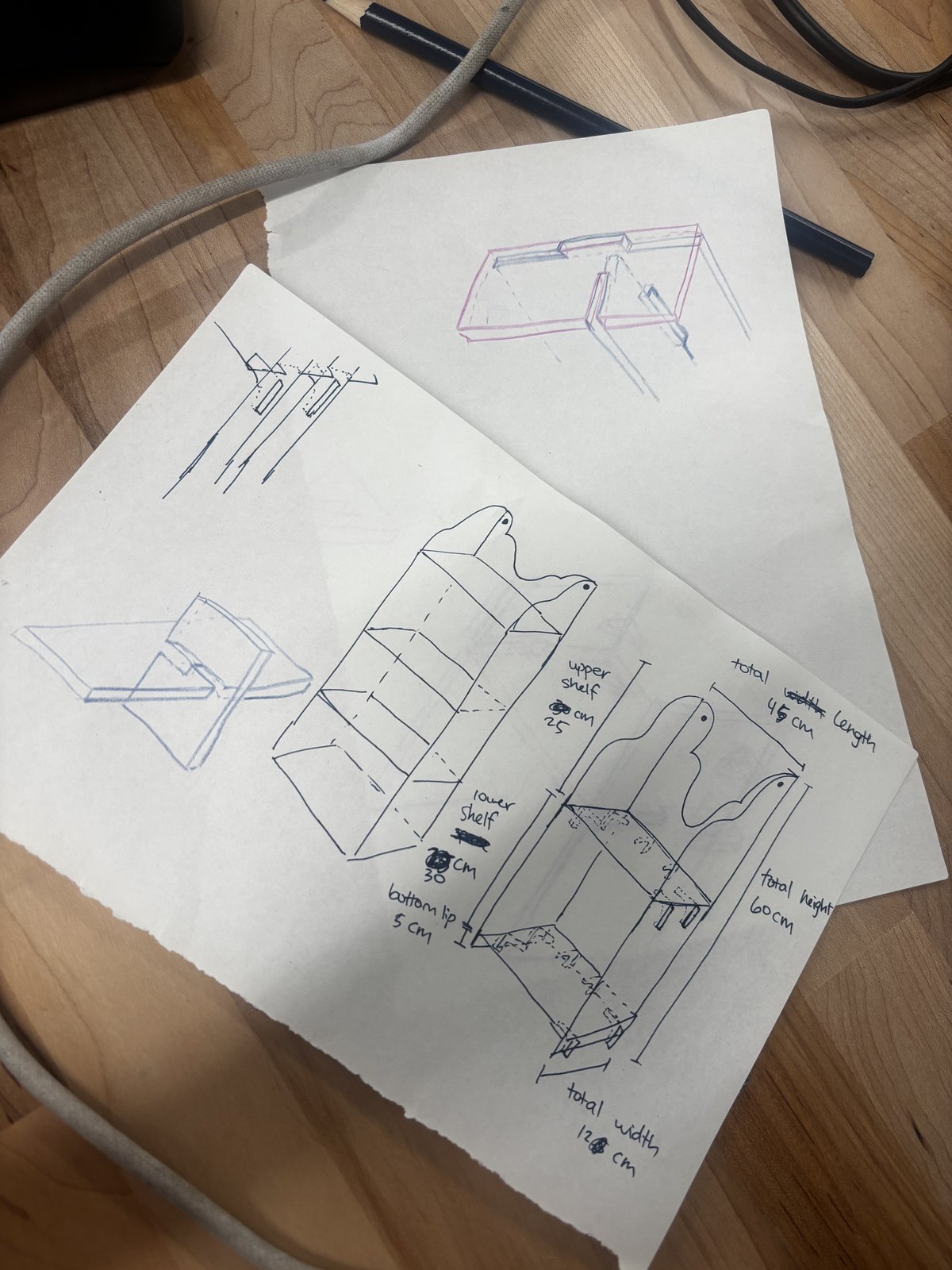 Early hand sketches of the shelf joinery