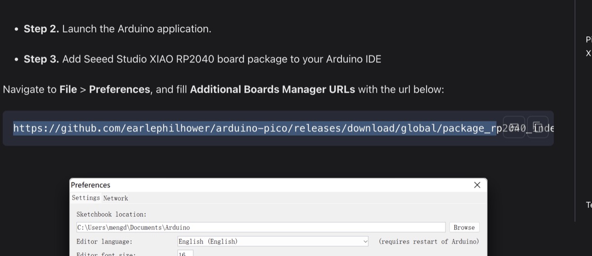 Seeed Studio setup instructions for the board manager URL