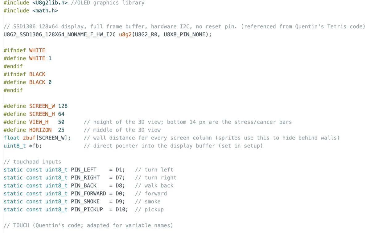 Code defining the screen size and input pads
