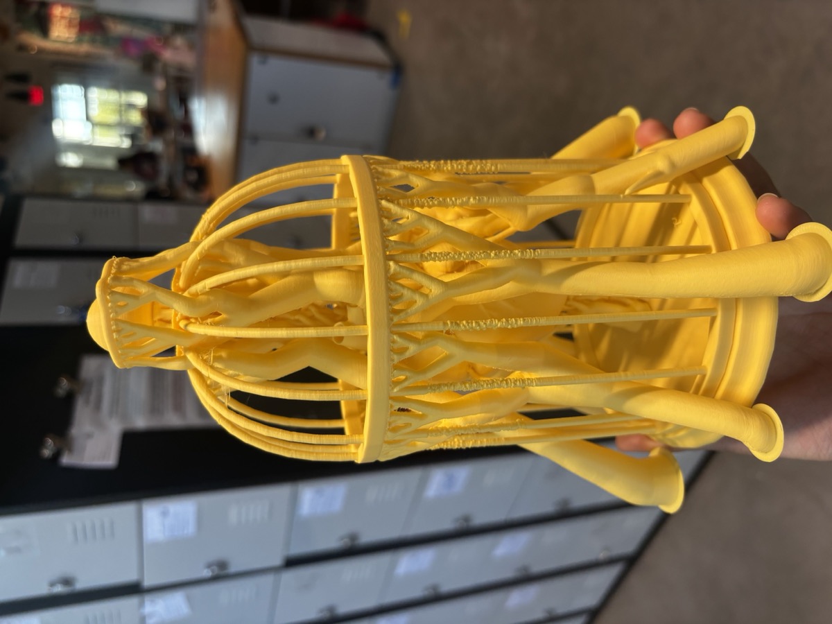 The completed first print on the print bed