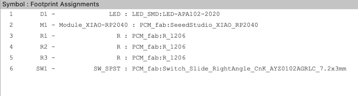 Footprint assignments for each component