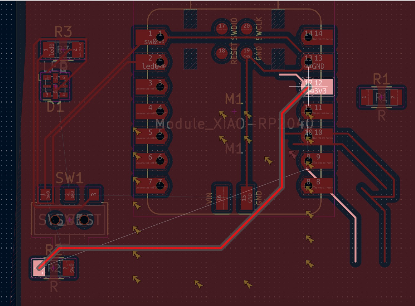 PCB editor in wiring mode with connections highlighted