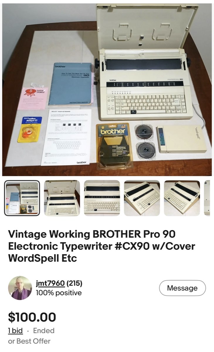 The eBay listing for the CX-90 with its cover, manual, spare ribbons and daisy wheels