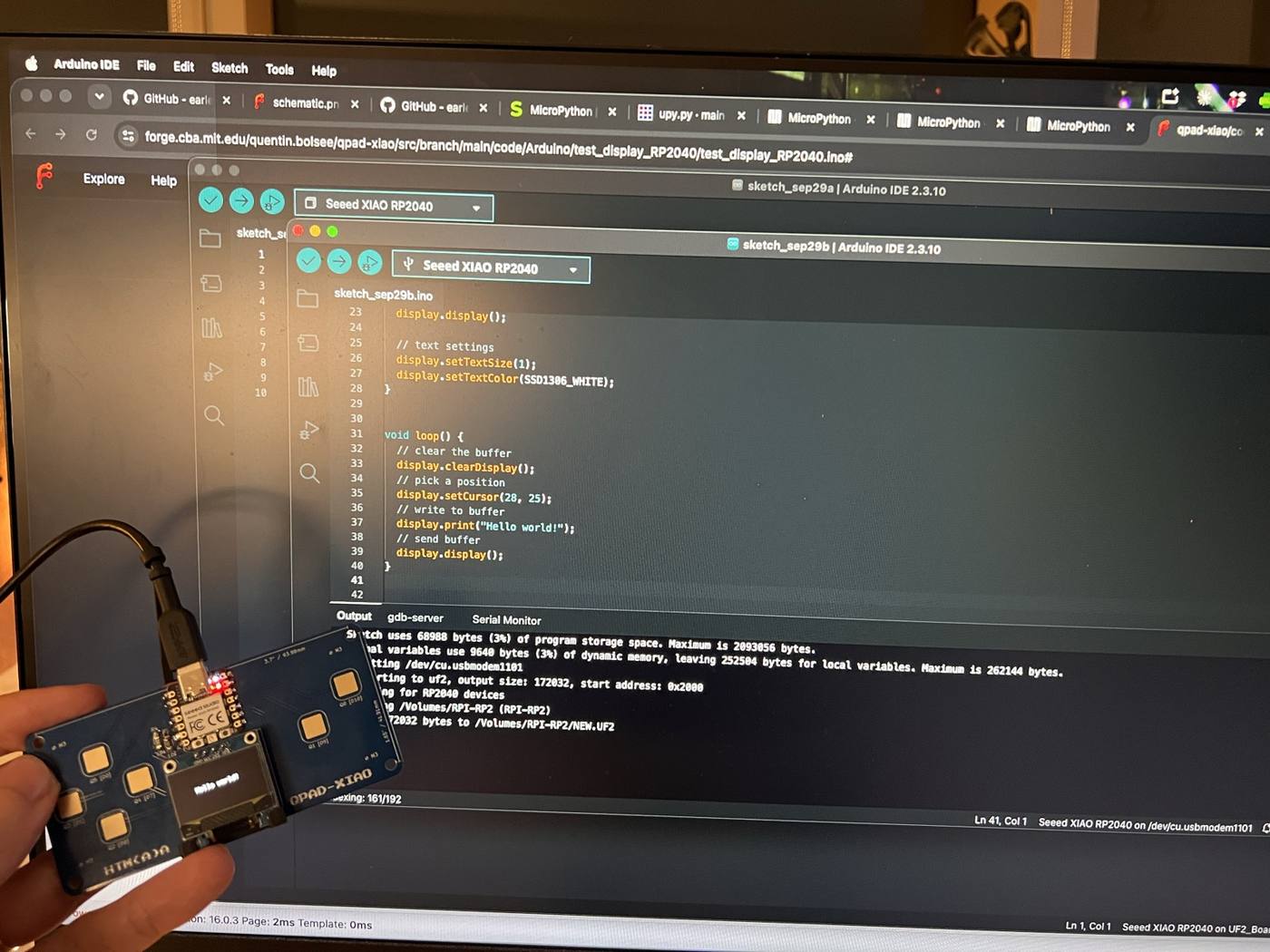 First Arduino upload: “Hello world!” on the OLED, with the IDE confirming the sketch was flashed to the board