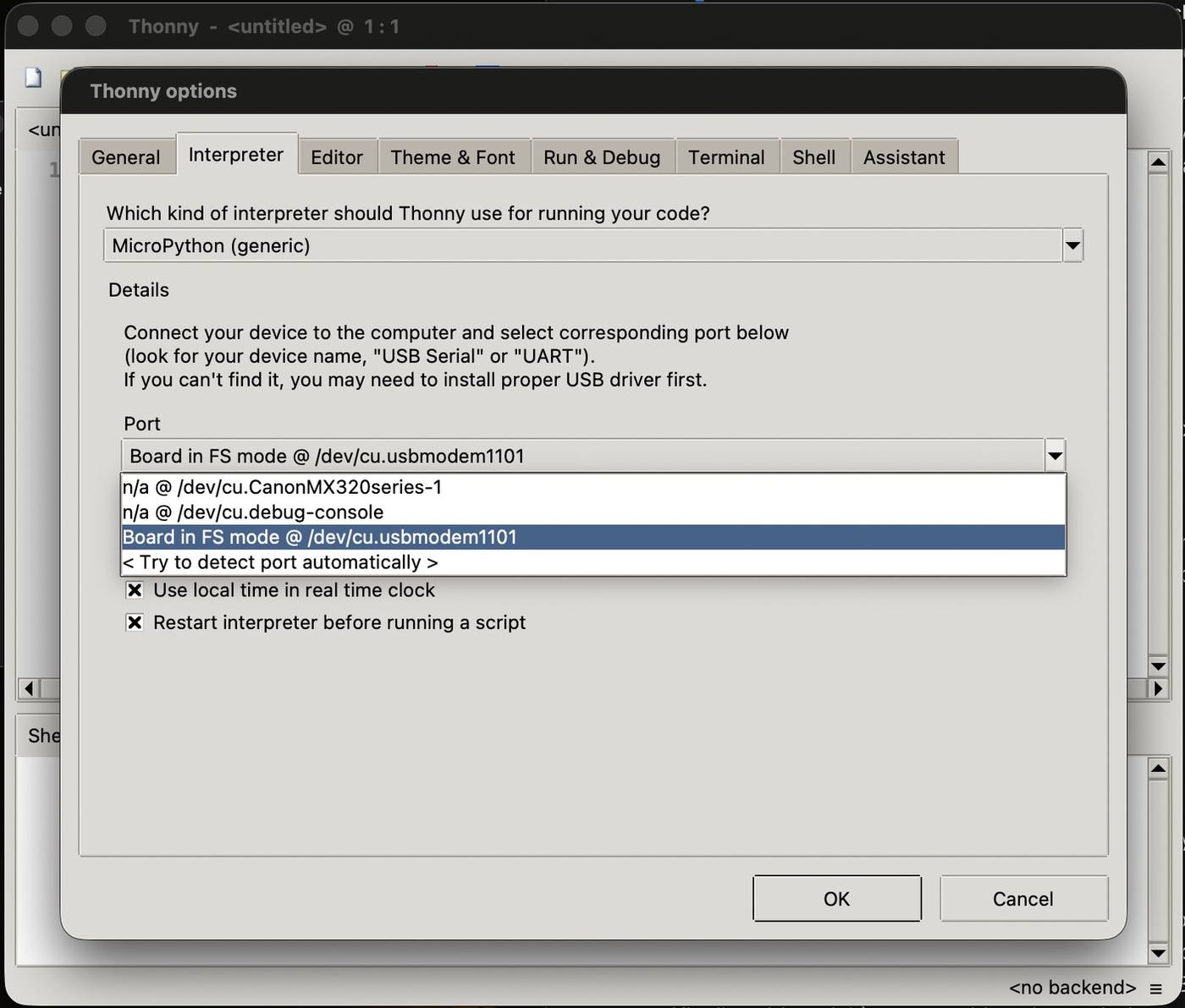 Board's port in Thonny's interpreter settings