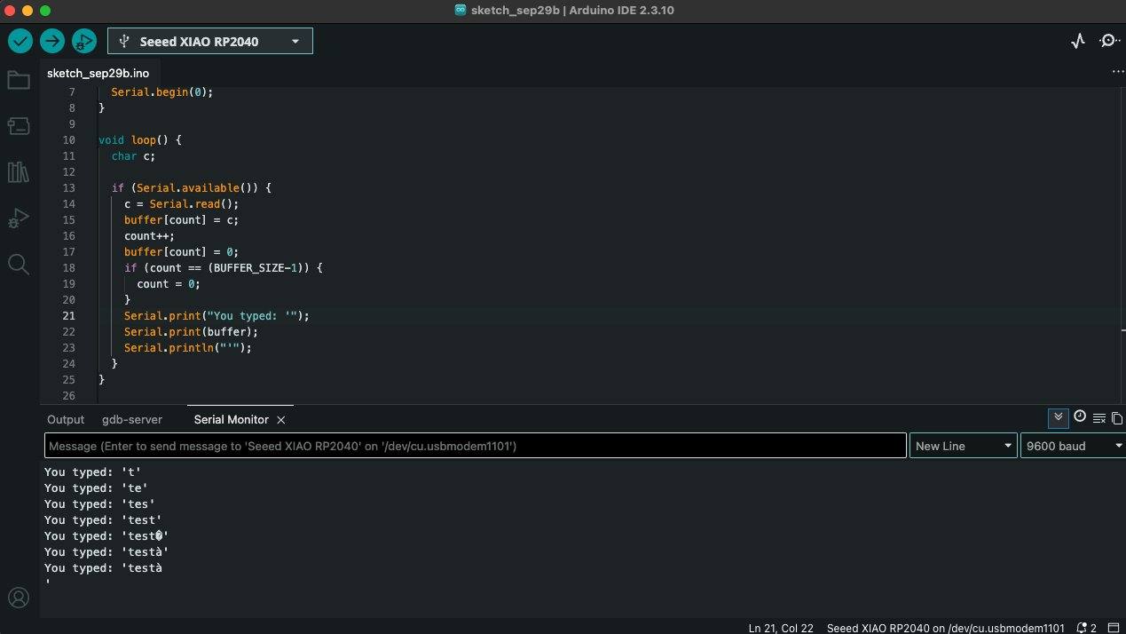 Serial echo practice code: each letter typed in the Serial Monitor is sent to the board