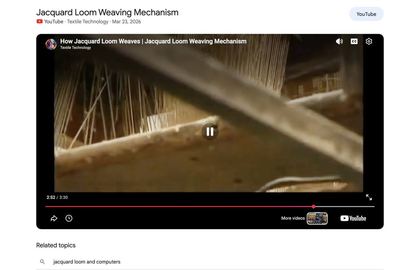 A YouTube video on how a Jacquard loom weaves, interesting to think that computing punch cards originated from the textile industry