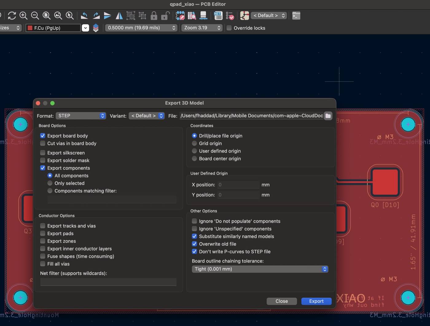 The QPAD-xiao circuit board in KiCad's PCB Editor to export the 3d model into Fusion