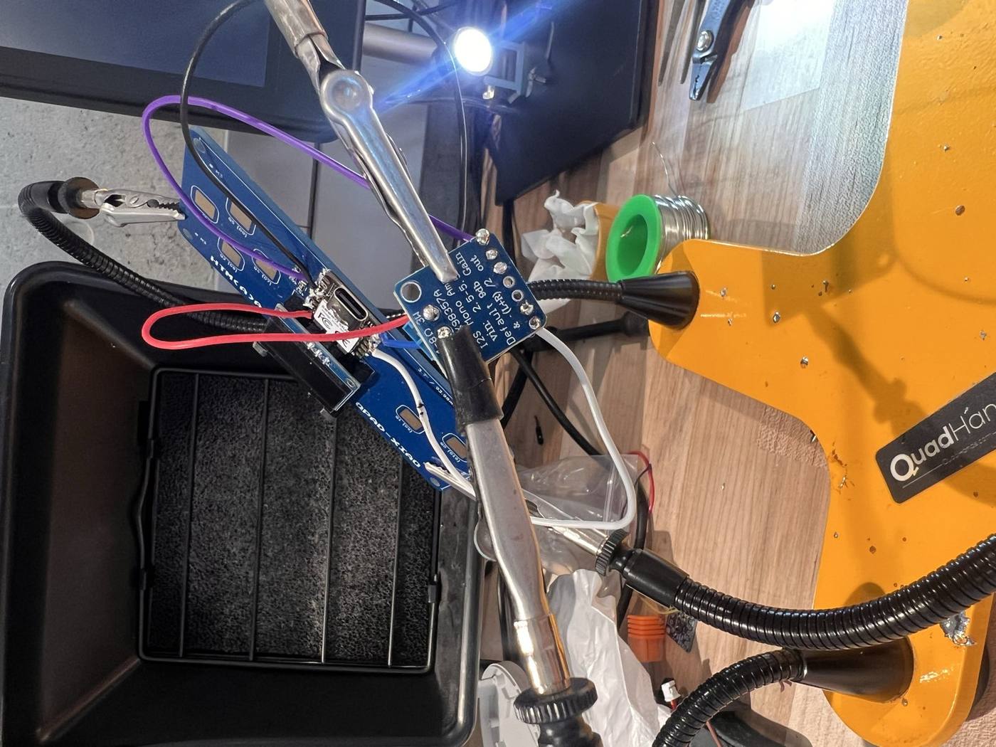 Soldering the audio wiring proved tedious but finally more straightforward when using the helping hands