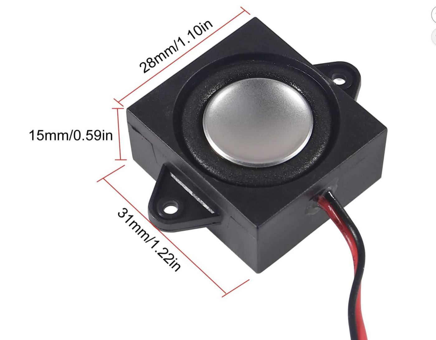 A 28 × 31 × 15 mm speaker from Amazon to model the speaker mount