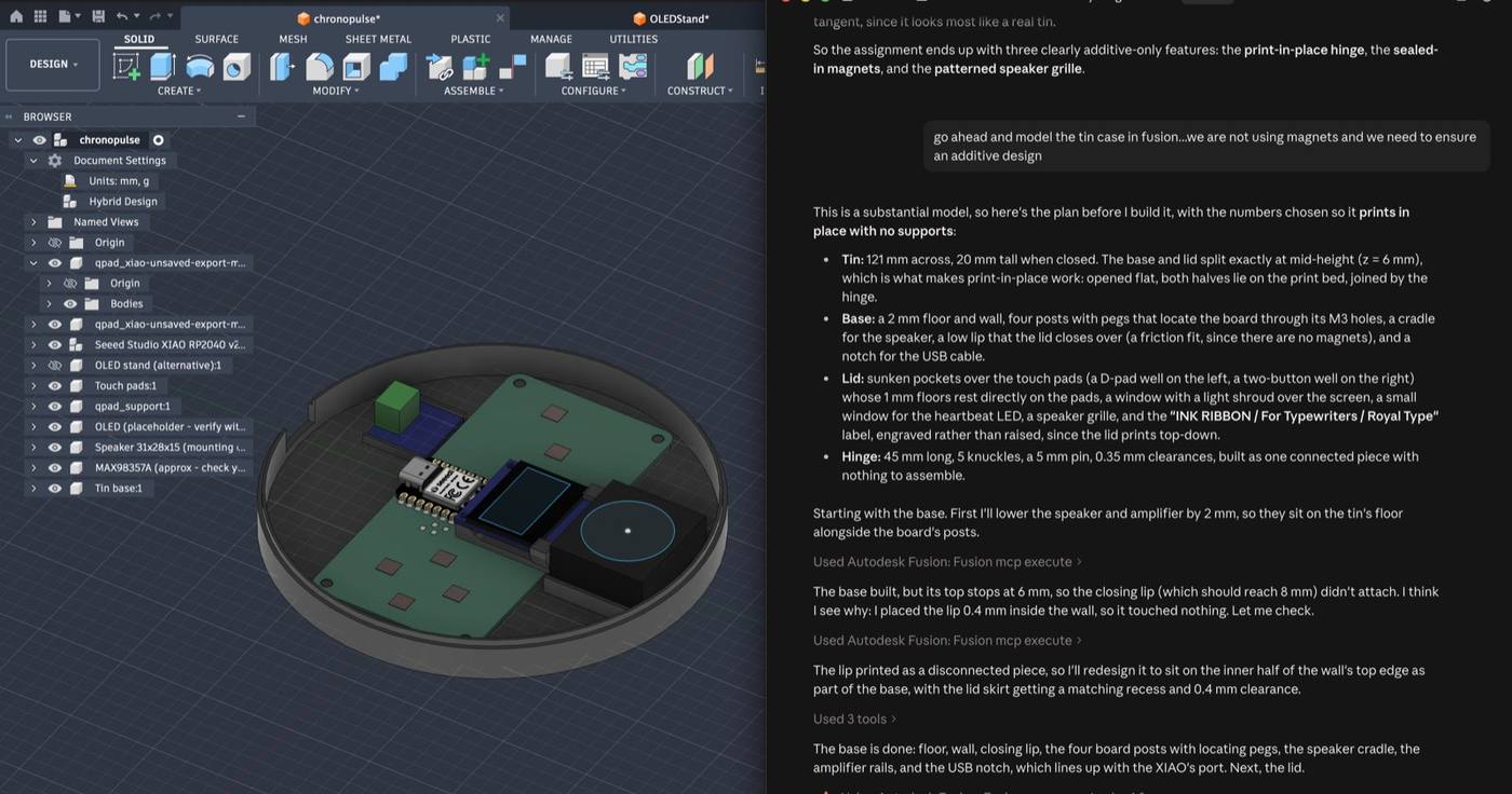 First version of the tin's base with board, speaker and amplifier, and a print-in-place hinge placeholder