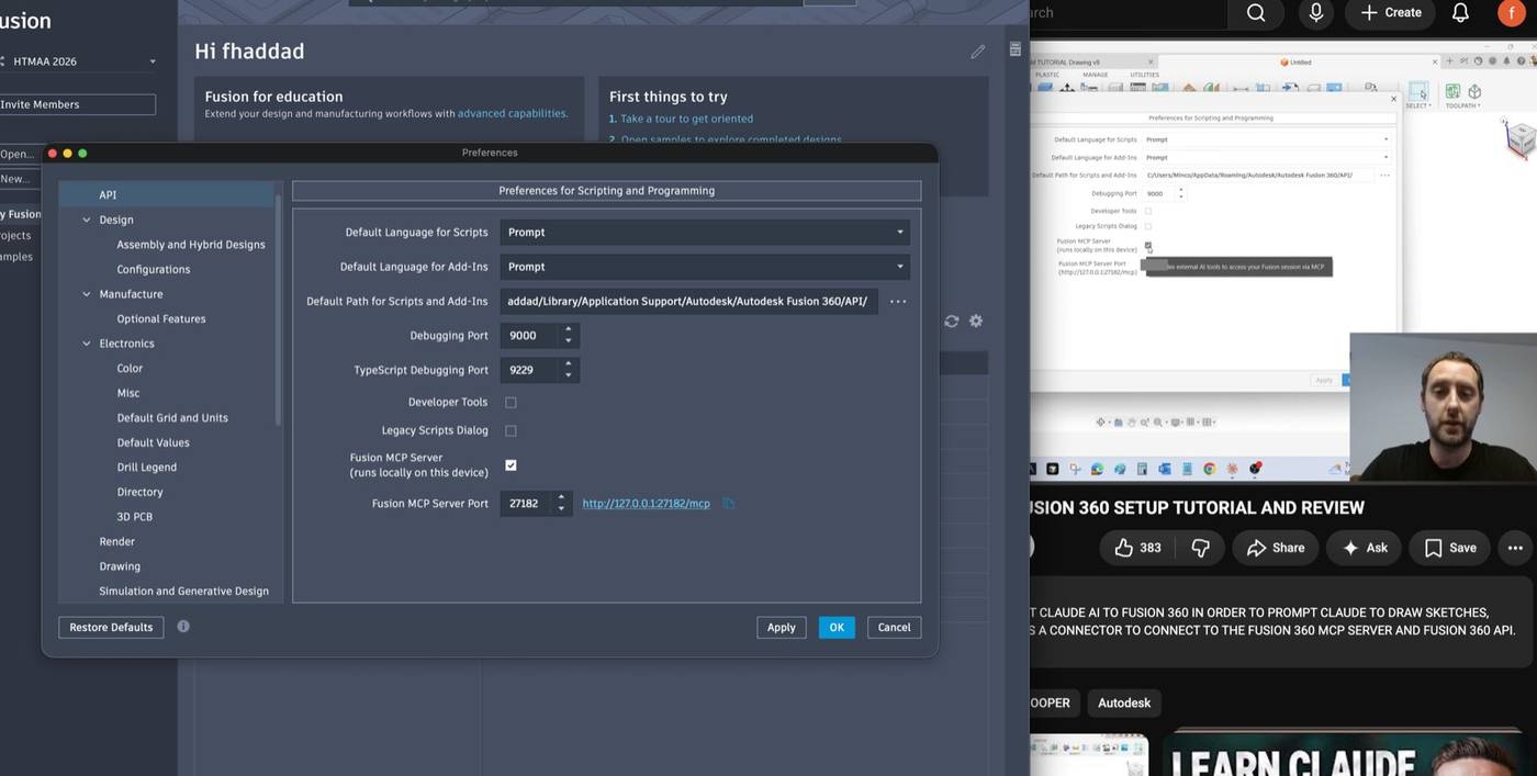 The API settings in Fusion's Preferences, with “Fusion MCP Server” turned on after following a YouTube setup tutorial