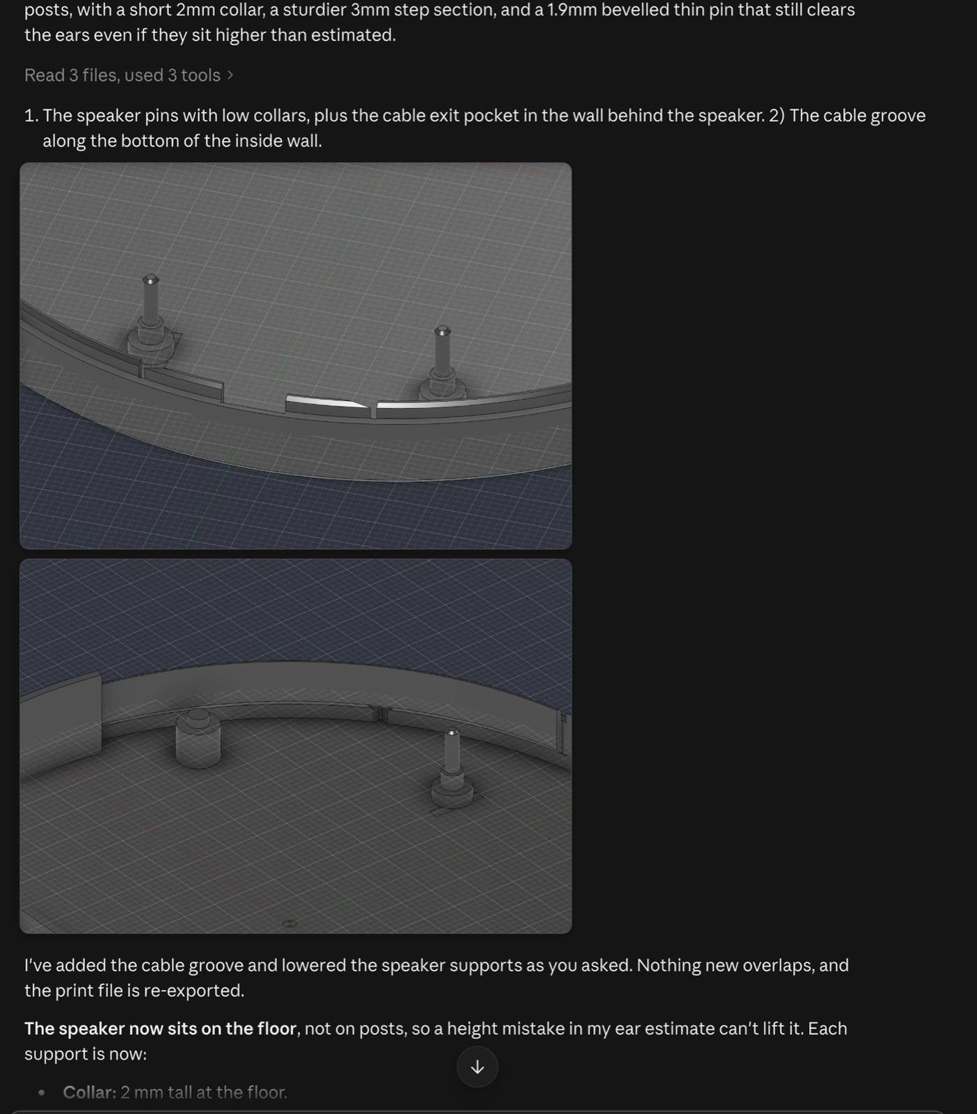 Iterating using Claude to ensure the speaker mount and groove take into account the object dimensiona along with space to route the audio wire