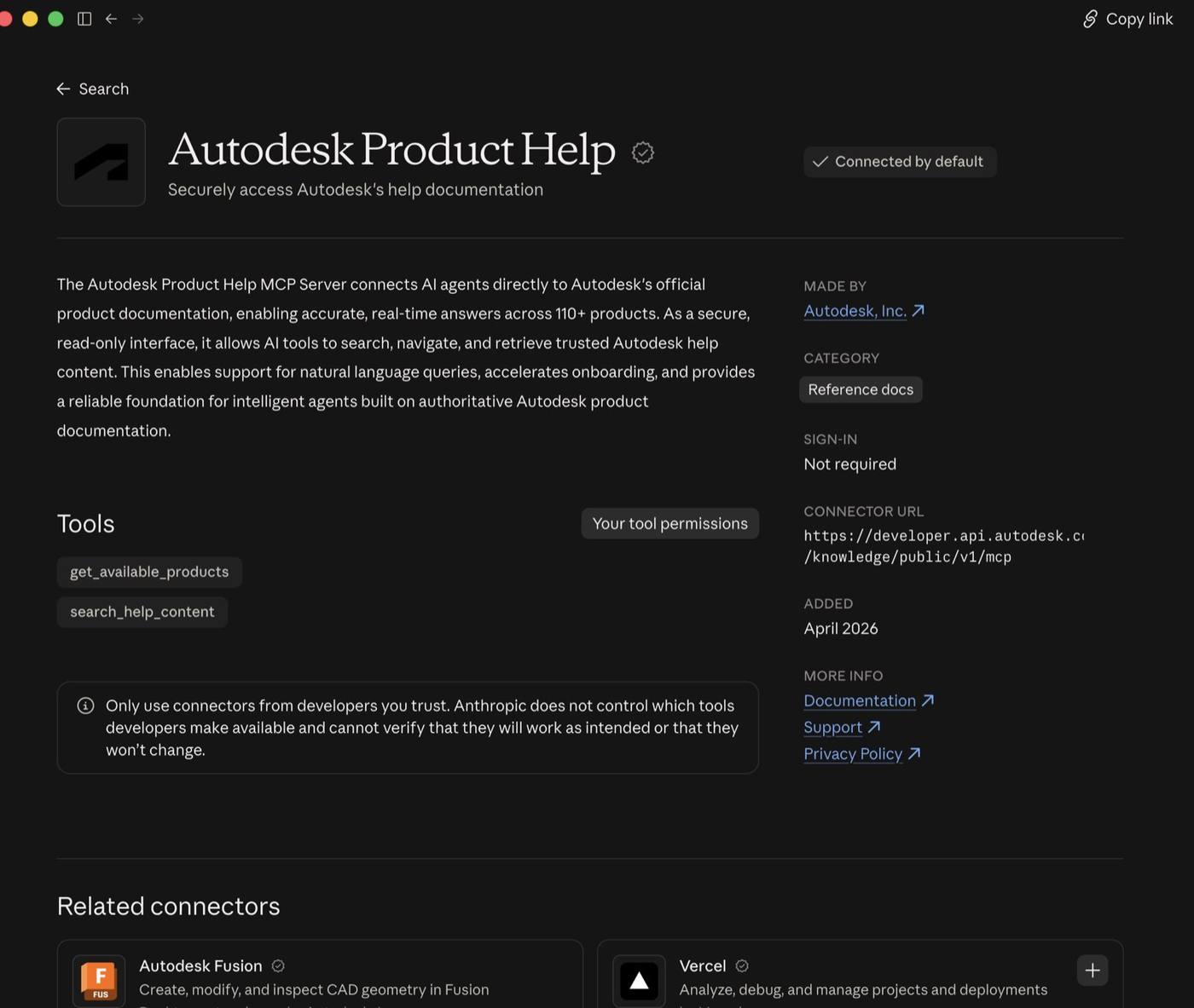 The Autodesk Product Help connector gives Claude access to official help documentation