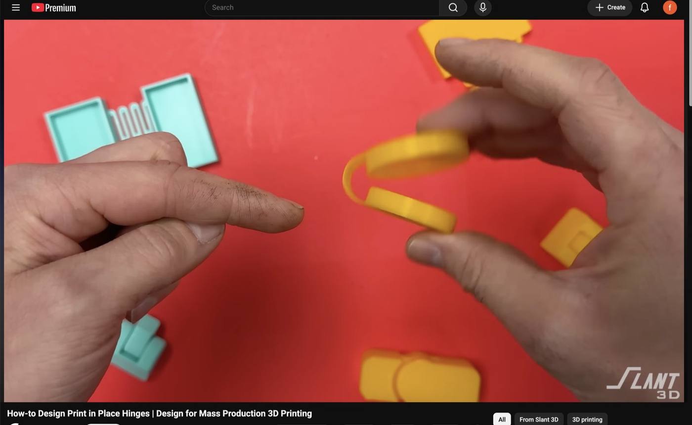 A Slant 3D video on designing print-in-place hinges that inspired the hinge for my 3D print design