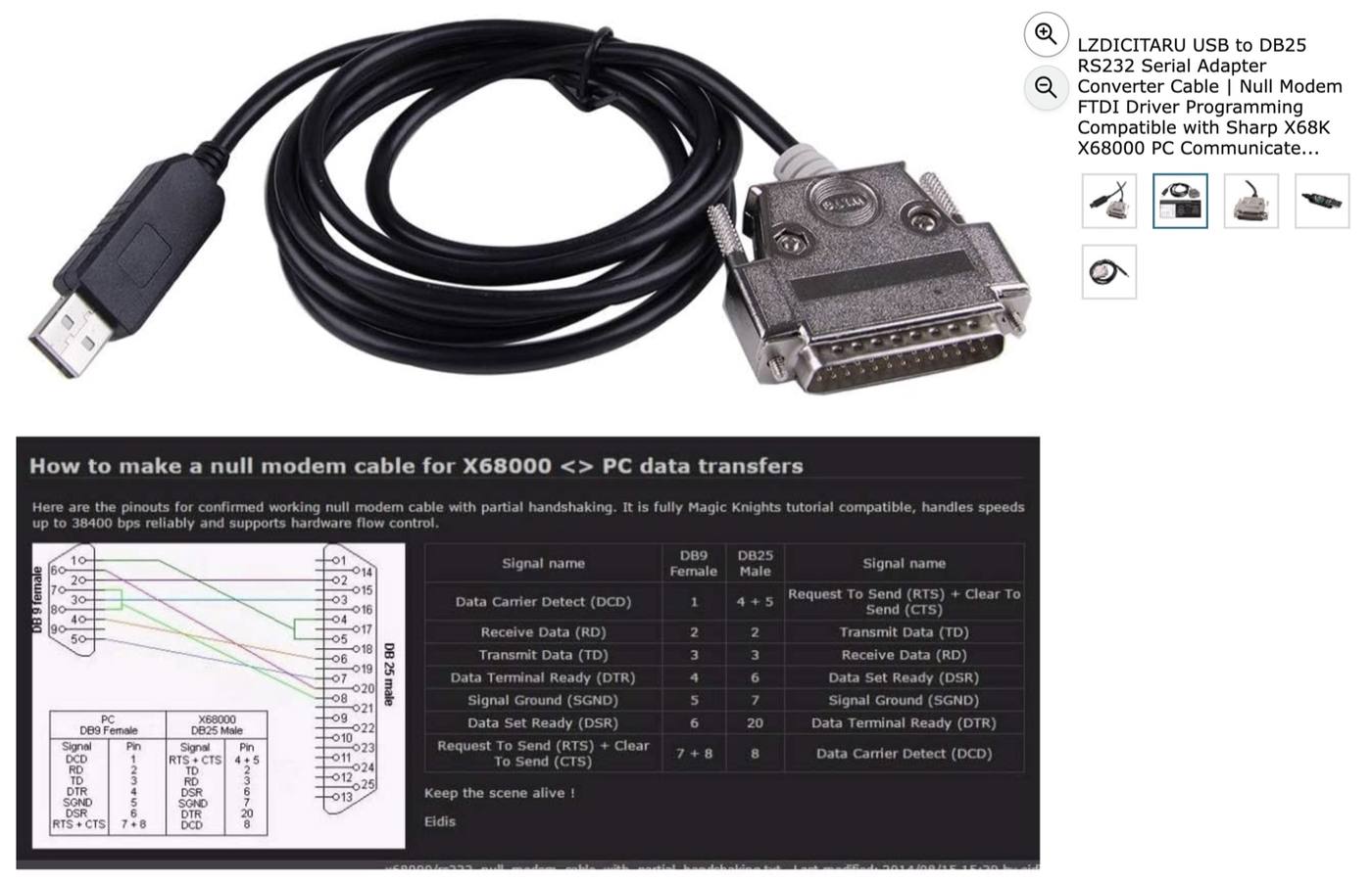 The USB to DB-25 null-modem cable with its wiring diagram from Amazon