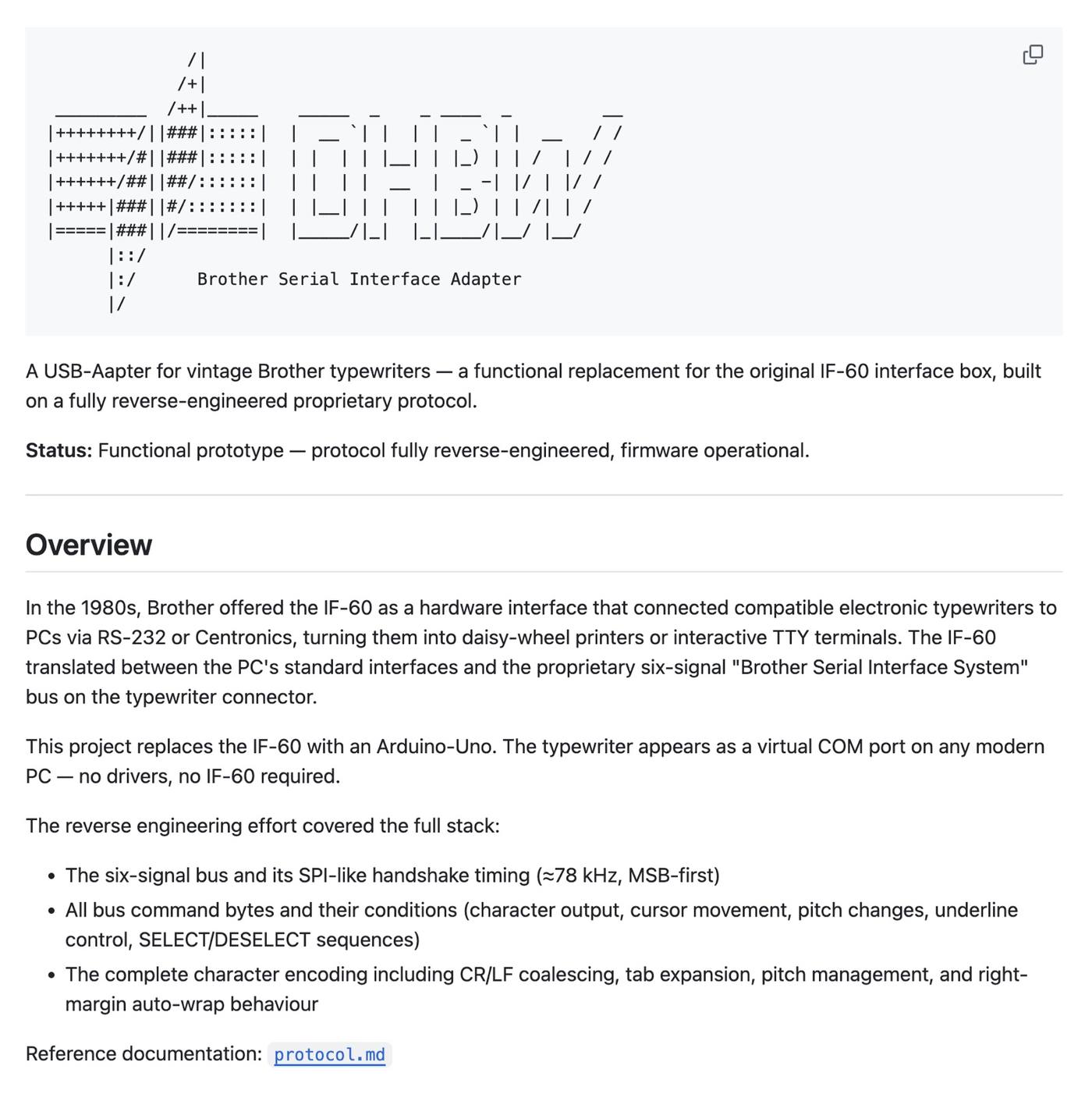 The brother-serial-interface-adapter project: a functional replacement for the IF-60 on a fully reverse-engineered protocol