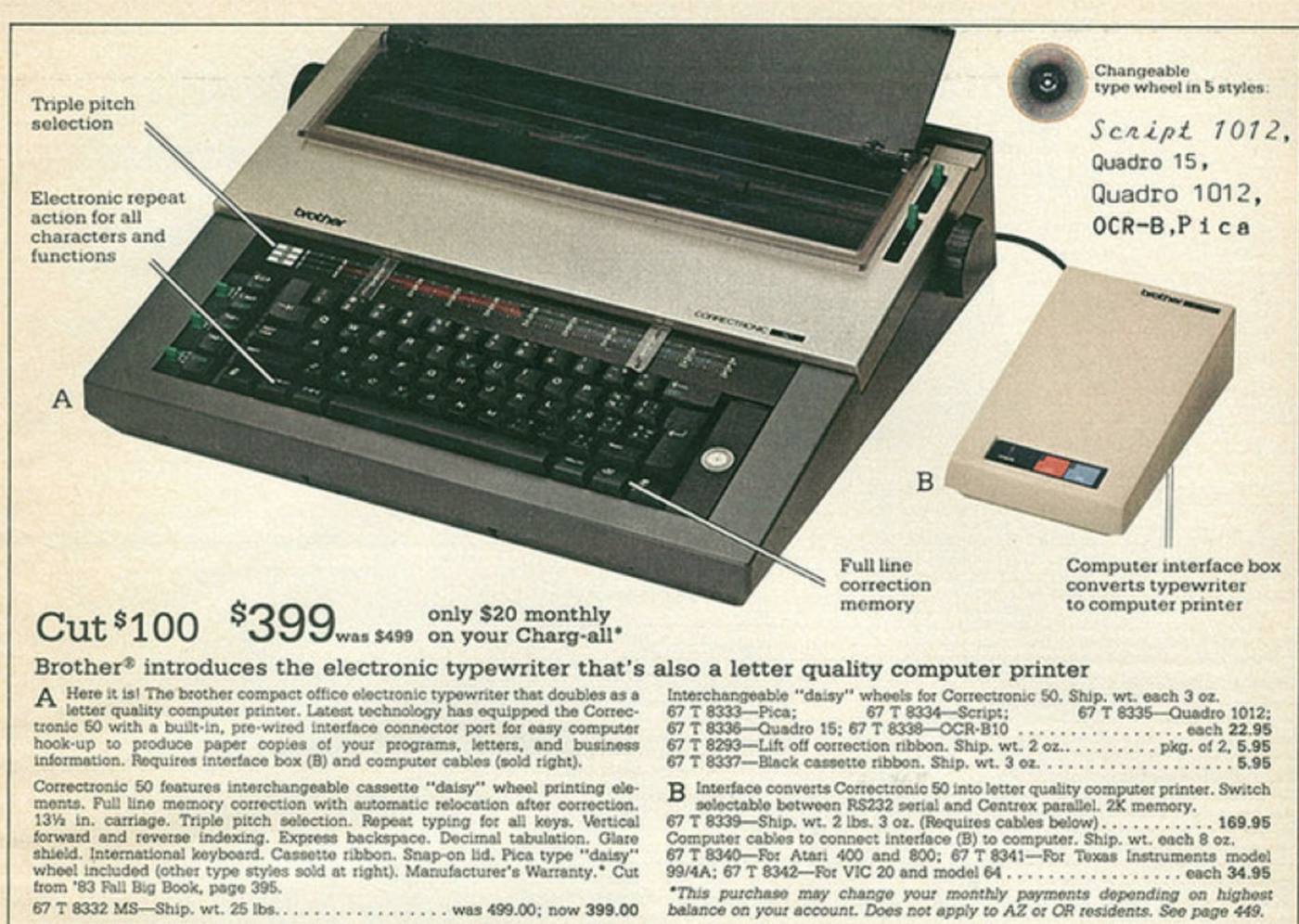 A 1985 Brother typewriter ad: the typewriter on the left, the computer interface box on the right, $169.95 (source: <a href='https://typecast.munk.org/2014/12/03/thrift-gods-hear-my-plea-brother-professional-90-and-if-50-computer-interface/'>typecast.munk.org</a>)