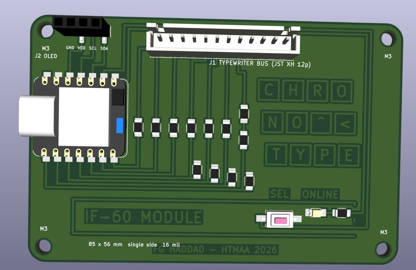KiCad's 3D viewer, with the fab library's models for the XIAO, the socket, the header, the resistors, the switch and the LED