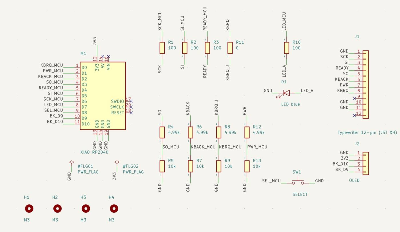 The schematic: XIAO on the left, the output resistors on top, the four voltage dividers in the middle, the LED, the SELECT switch, the bus connector and the OLED socket on the right