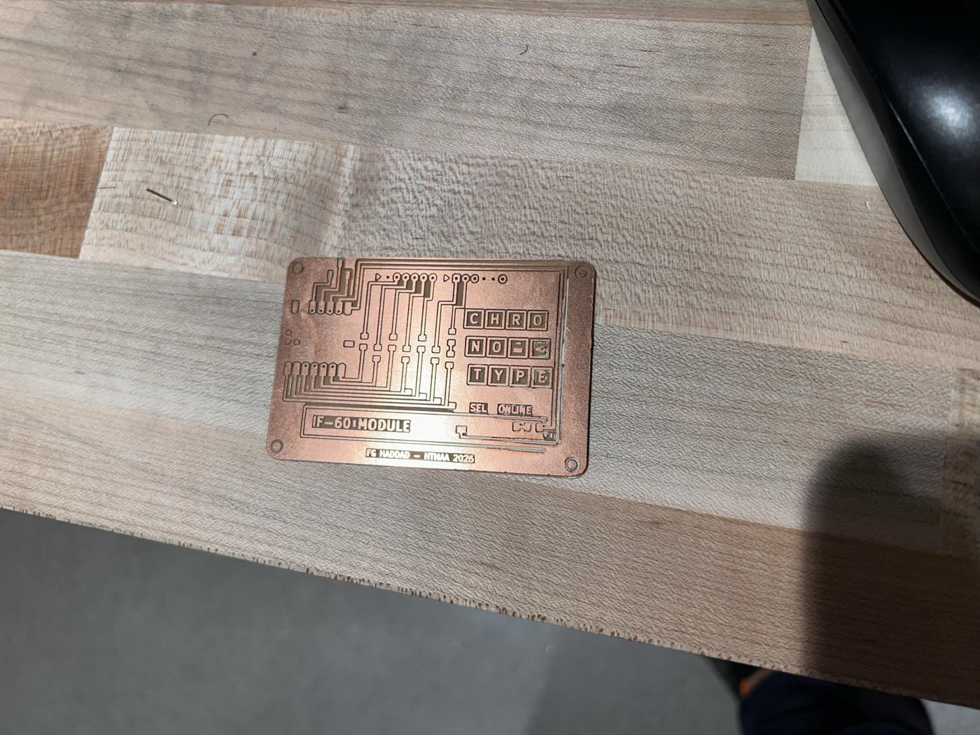 The first milled IF-60 MODULE board, where the loose pin had not cut the lines cleanly on the lower right side of my board