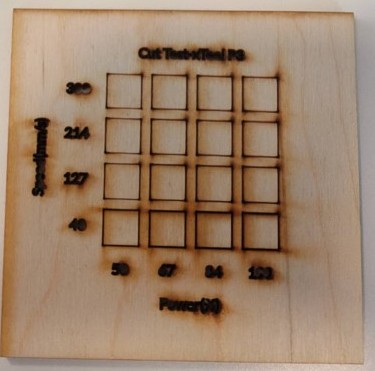 Laser power and speed characterization grid on 3 mm plywood